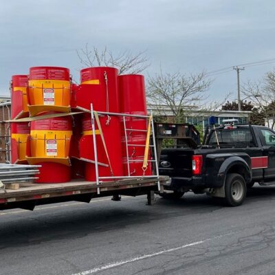 Red Superchutes on a trailer.