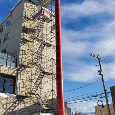 Red Superchute installed on a scaffold tower.