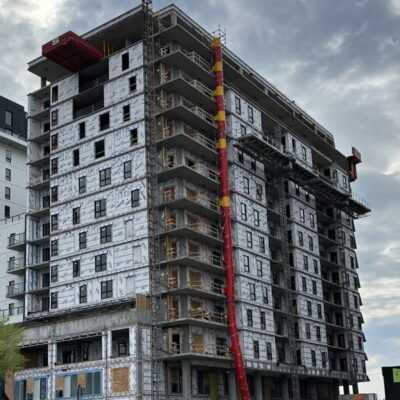 Red Superchute installed on a high rise.